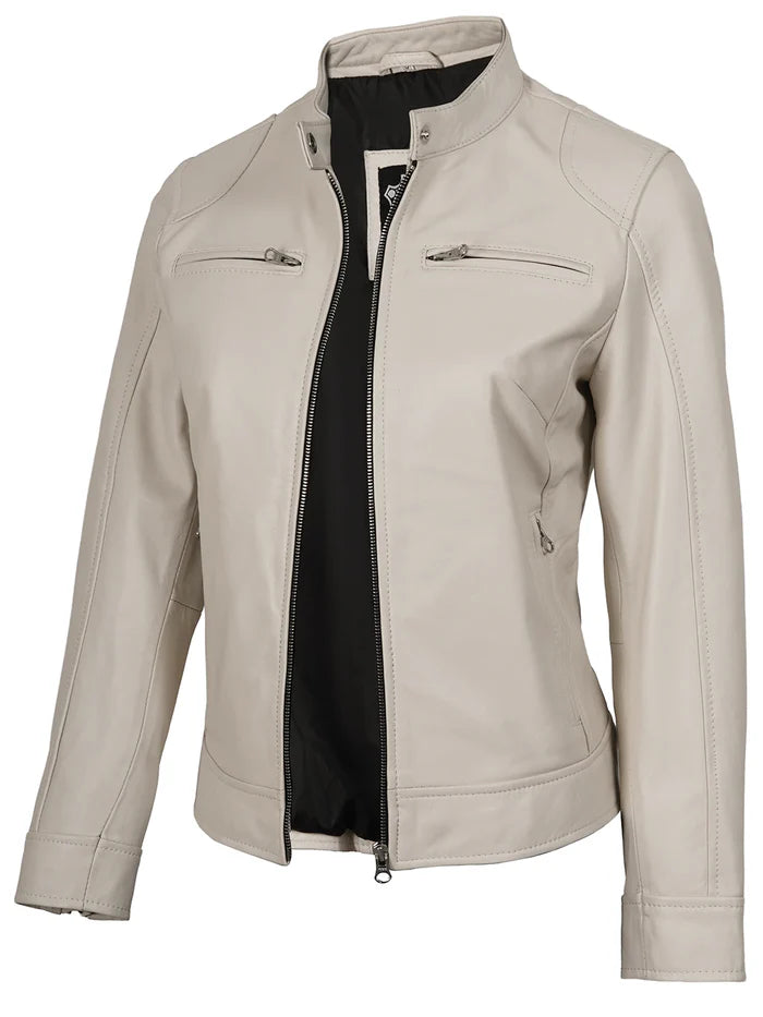 Dodge Women's Off White Cafe Racer Leather Jacket