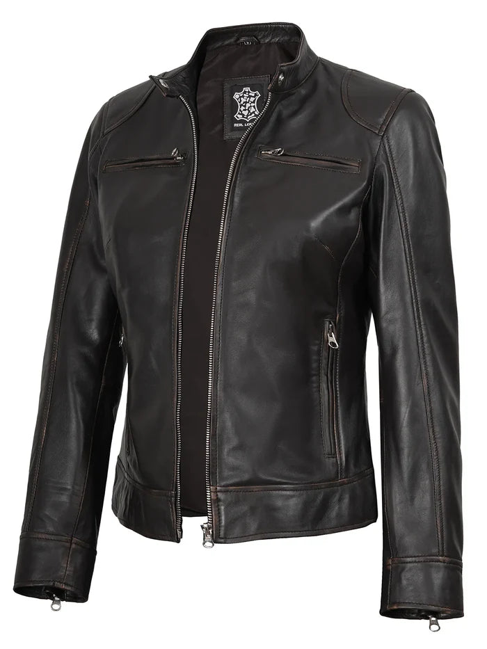 Dodge Women's Rub Off Brown Vintage Leather Jacket