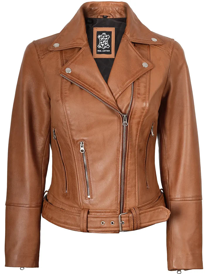 Elisa Womens Tan Biker Style Leather Jacket