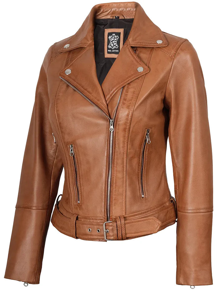 Elisa Womens Tan Biker Style Leather Jacket