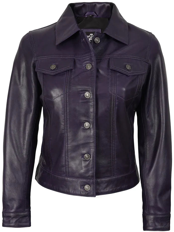 Fernando Women Purple Wax Leather Trucker Jacket