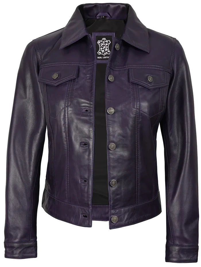 Fernando Women Purple Wax Leather Trucker Jacket