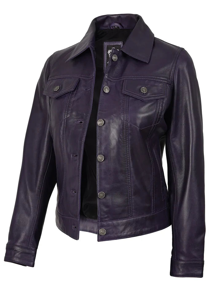 Fernando Women Purple Wax Leather Trucker Jacket