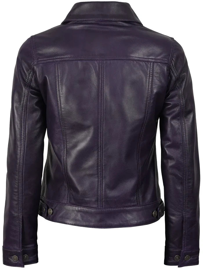 Fernando Women Purple Wax Leather Trucker Jacket