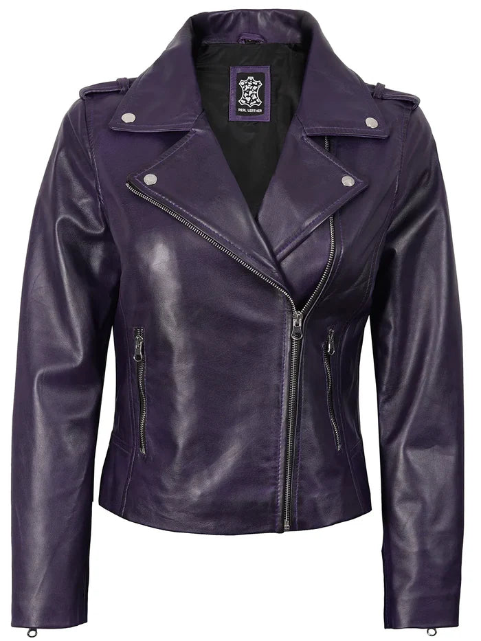 Kirsten Women's Purple Asymmetrical Biker Style Leather Jacket