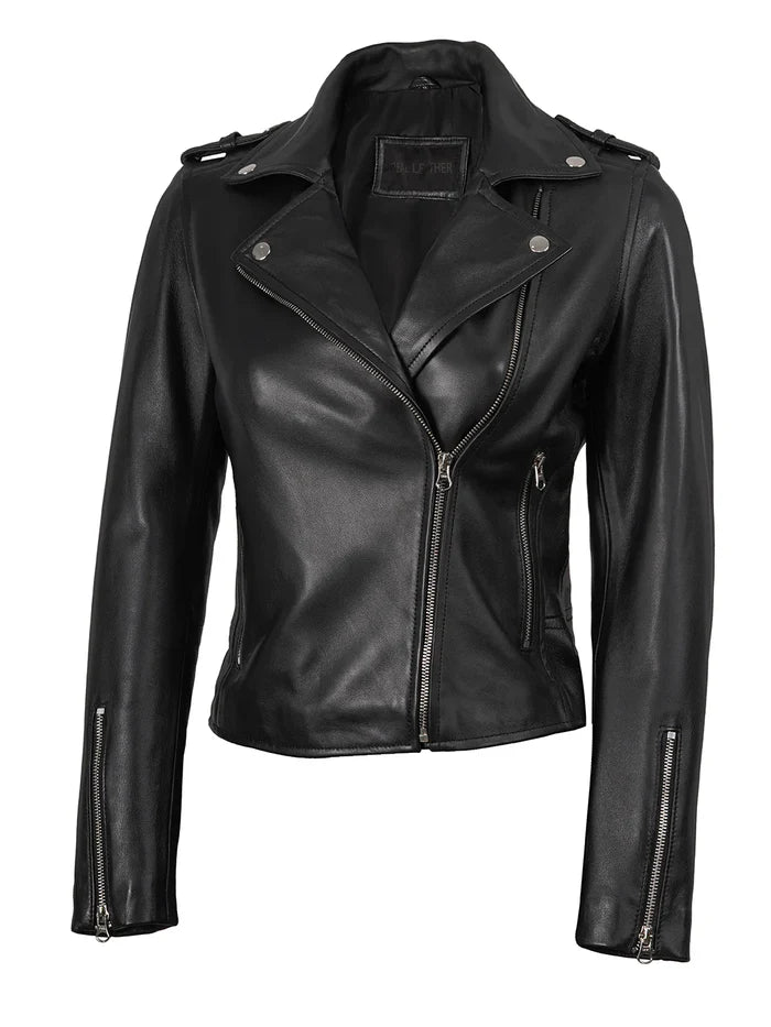 Kirsten Women's Black Asymmetrical Leather Biker Style Jacket