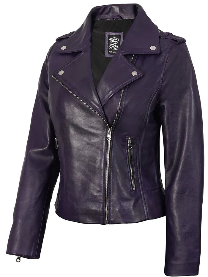Kirsten Women's Purple Asymmetrical Biker Style Leather Jacket