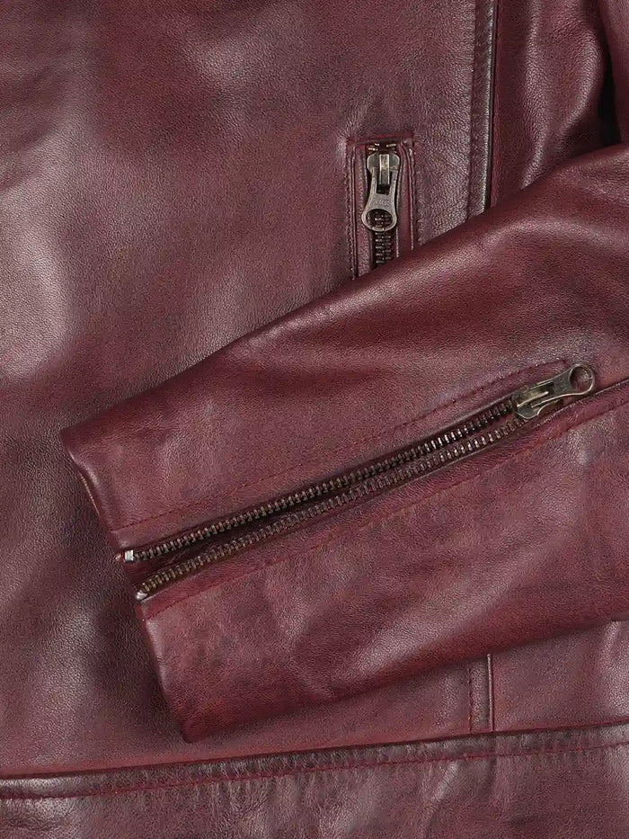 Mens Burgundy Cafe Racer Style Leather Jacket