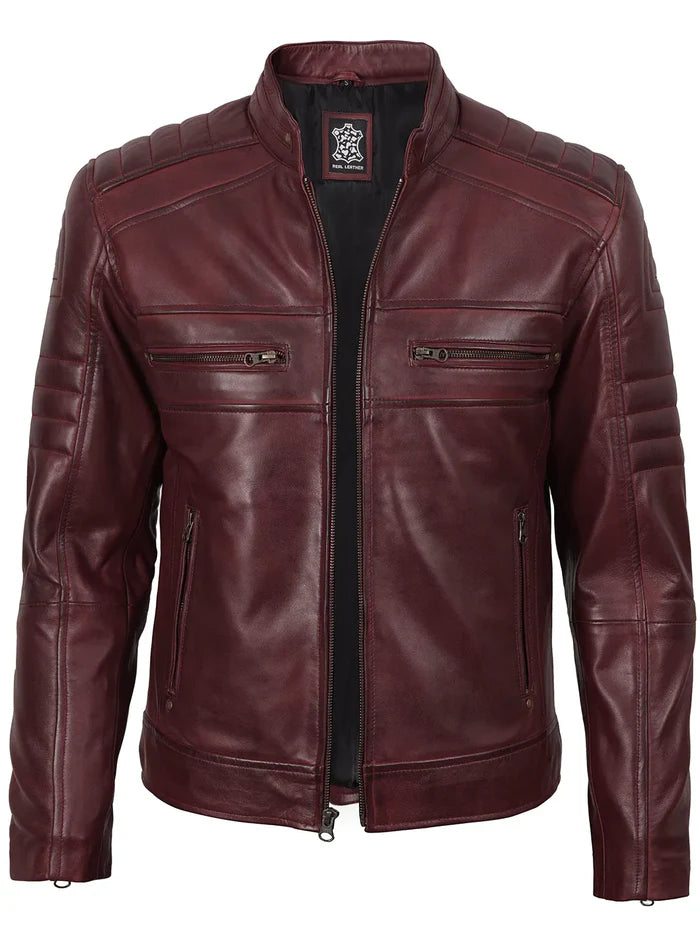 Mens Burgundy Cafe Racer Style Leather Jacket
