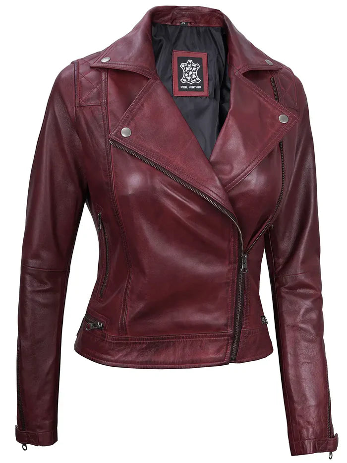 Kimberley Women's Asymmetrical Burgundy Quilted Biker Style Leather Jacket