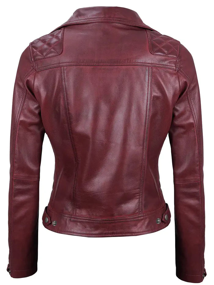 Kimberley Women's Asymmetrical Burgundy Quilted Biker Style Leather Jacket