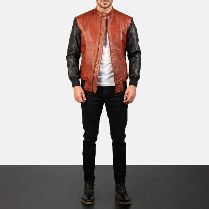 Avan Black & Maroon Leather Bomber Jacket