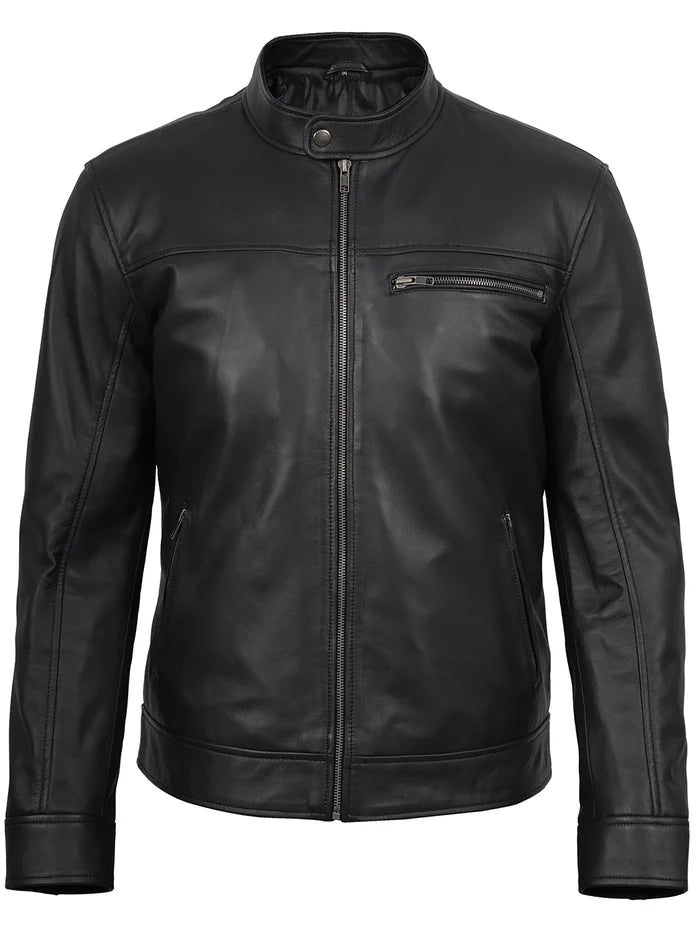 Bickford Mens Black Cafe Racer Style Real Leather Jacket