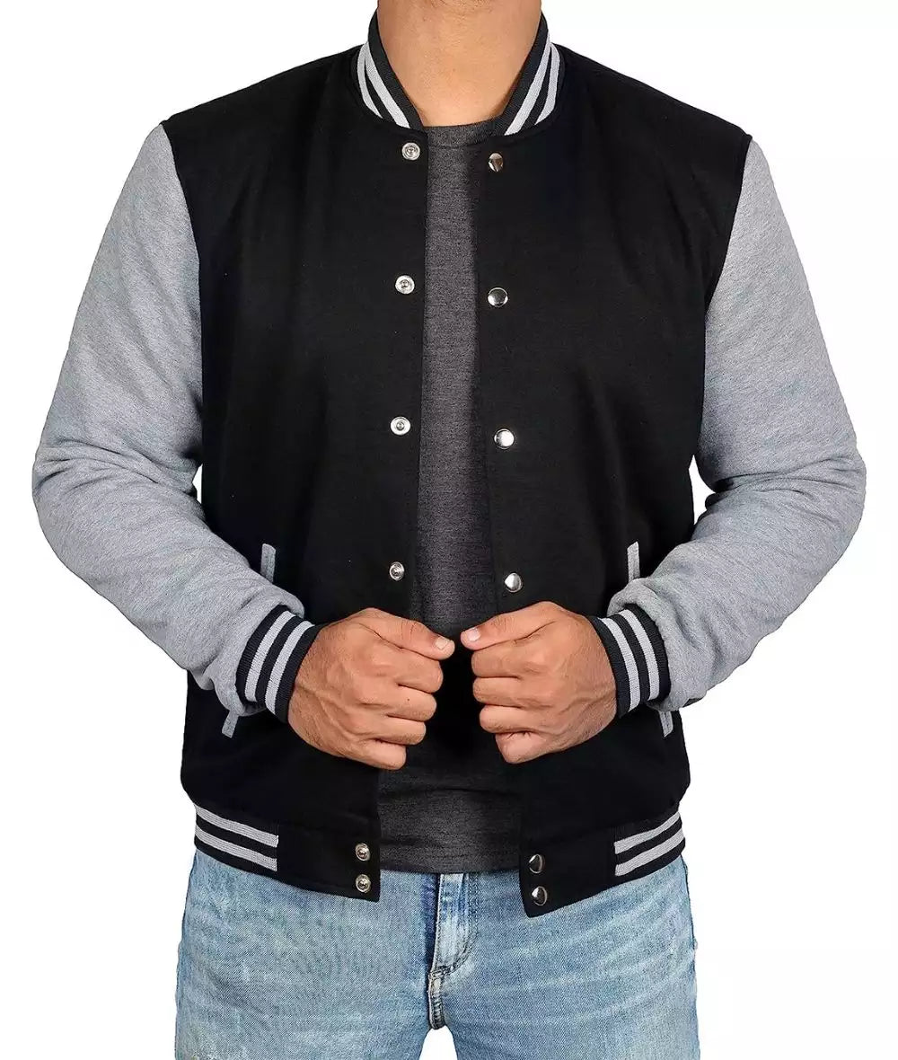 Men’s Black Varsity Baseball Jacket – Grey Sleeves Bomber Style