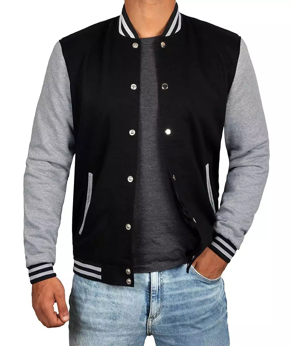 Men’s Black Varsity Baseball Jacket – Grey Sleeves Bomber Style