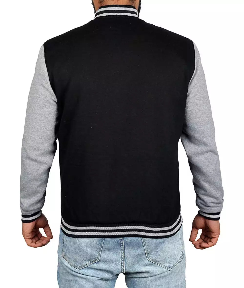 Men’s Black Varsity Baseball Jacket – Grey Sleeves Bomber Style