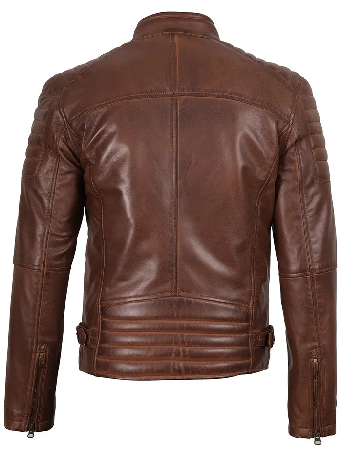 Mens Cognac Brown Cafe Racer Style Leather Jacket