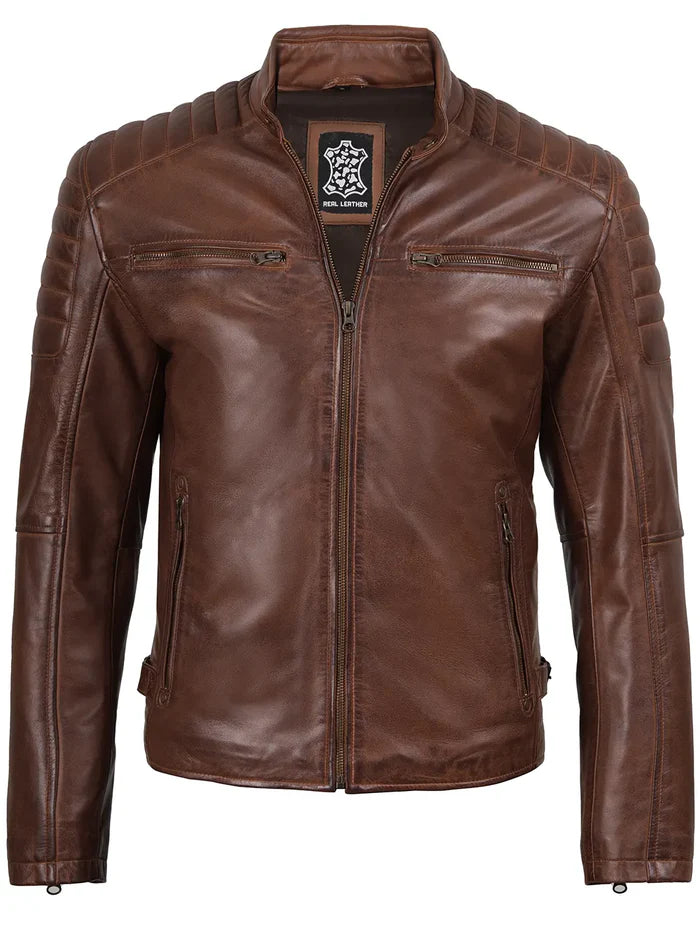Mens Cognac Brown Cafe Racer Style Leather Jacket