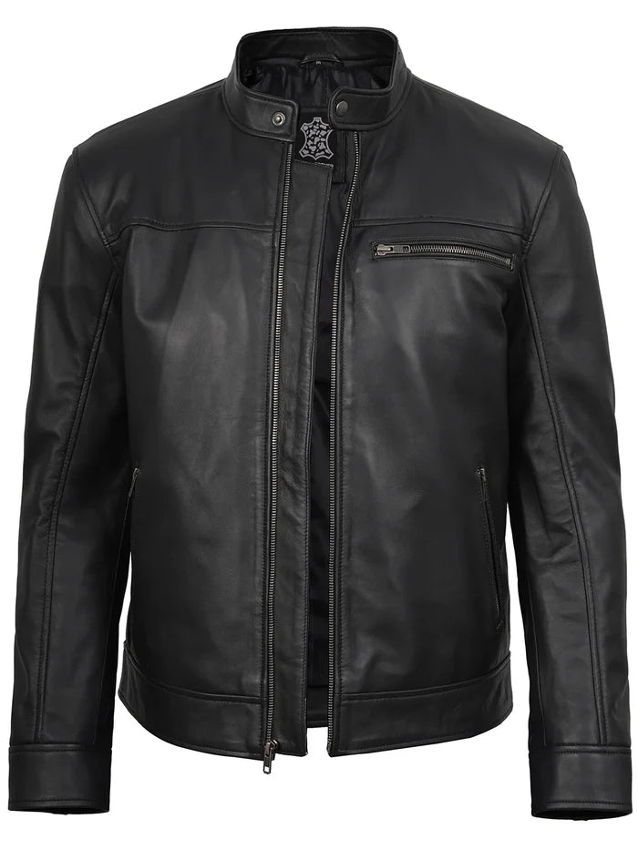 Bickford Mens Black Cafe Racer Style Real Leather Jacket