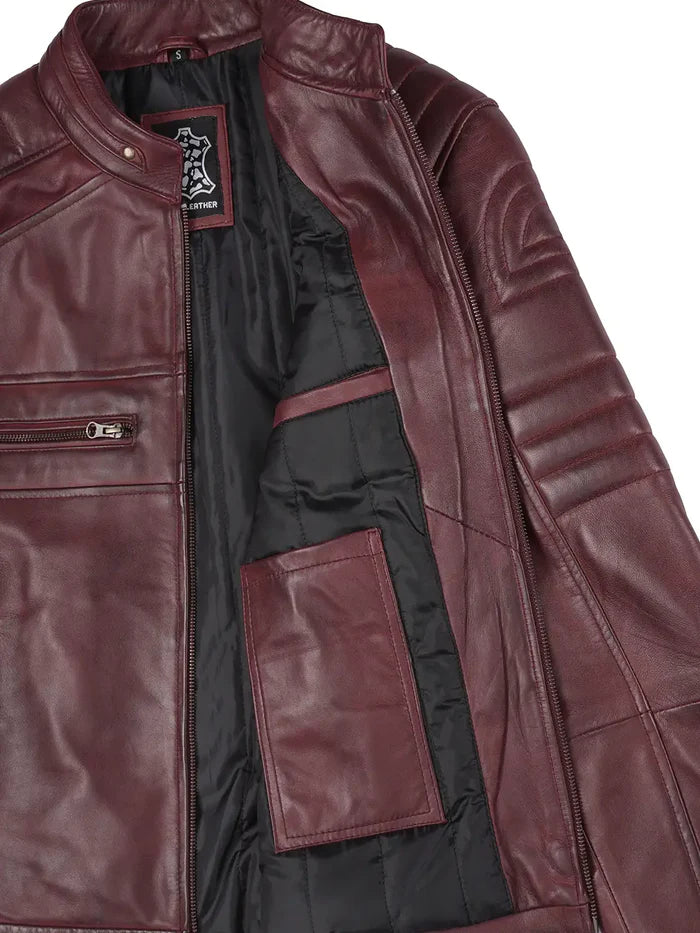 Mens Burgundy Cafe Racer Style Leather Jacket