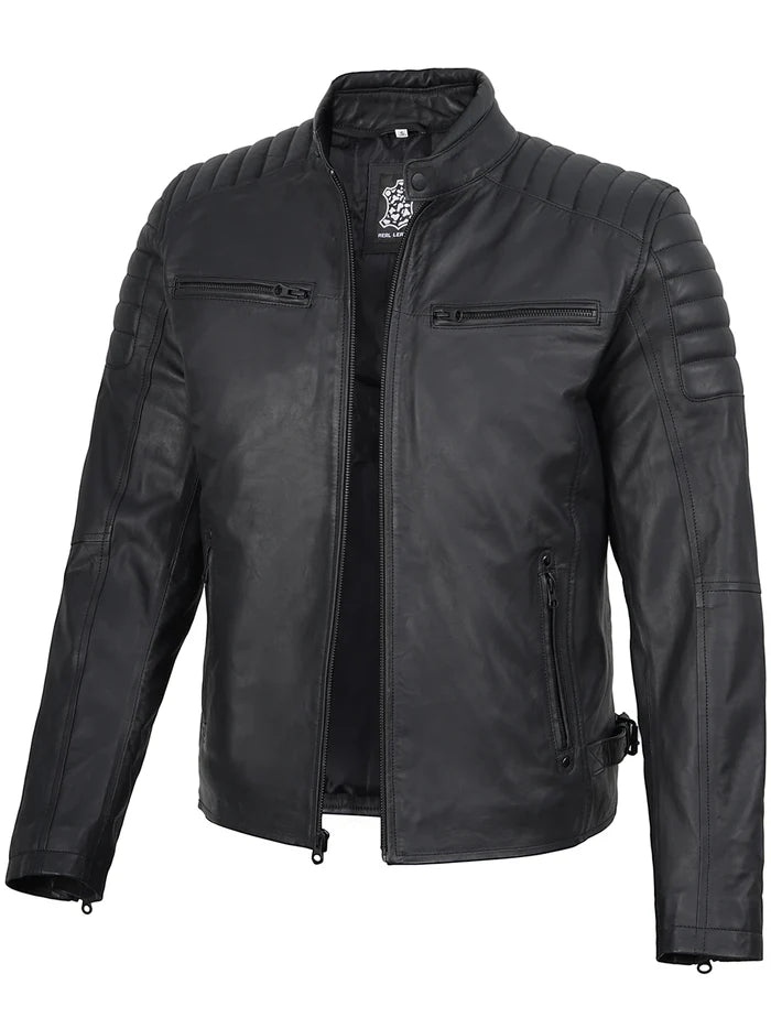 Mens Matte Black Biker Style Real Leather Jacket