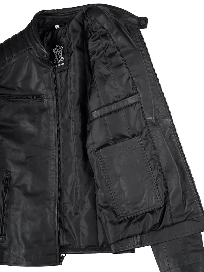 Mens Matte Black Biker Style Real Leather Jacket
