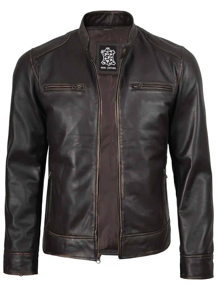 Dodge Men's Rub-Off Dark Brown Cafe Racer Style Leather Jacket