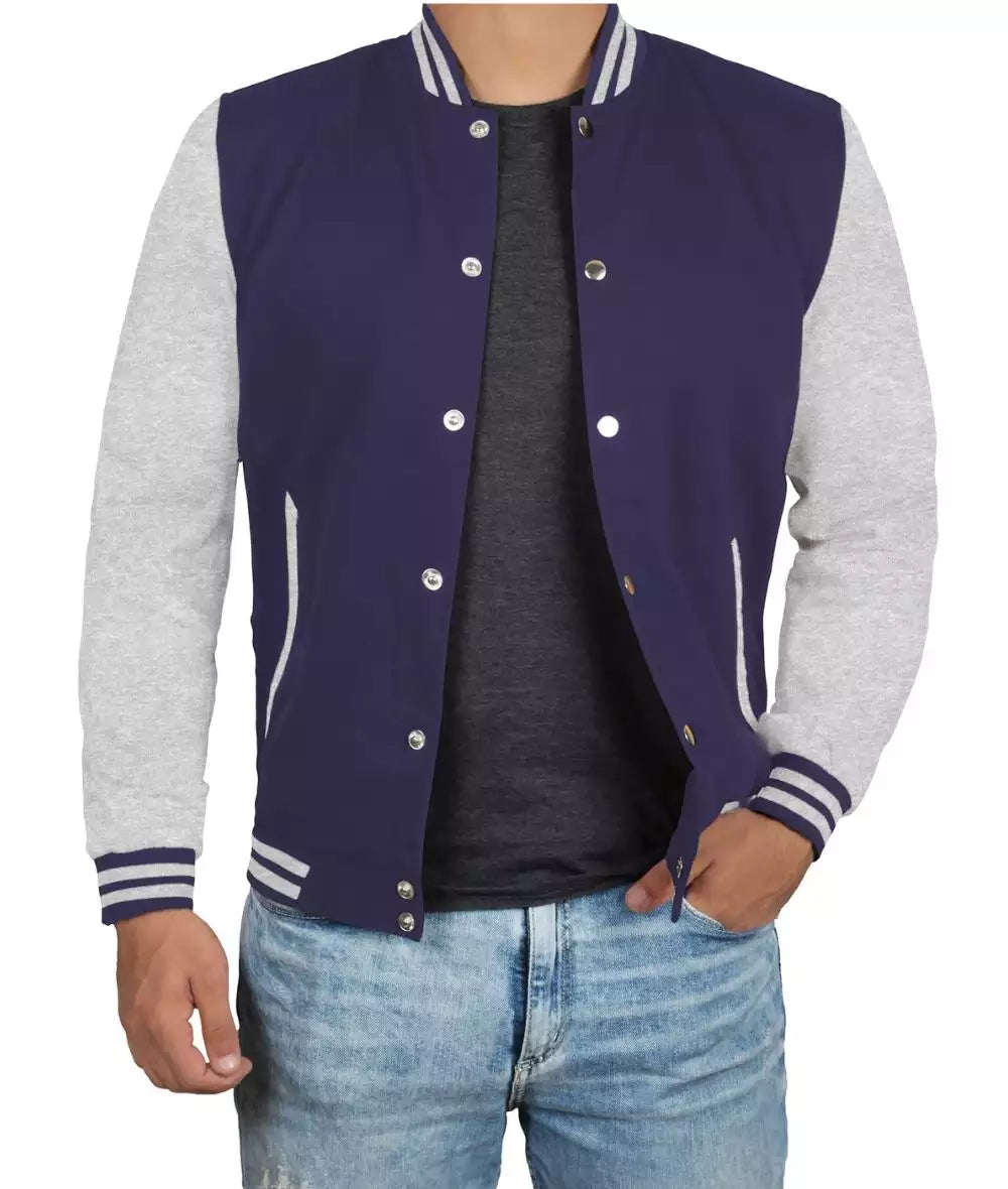 Navy Blue Varsity Jacket – Grey Sleeve Baseball Style Bomber