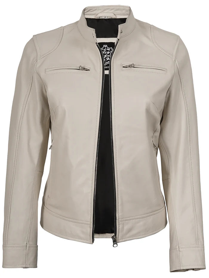 Dodge Women's Off White Cafe Racer Leather Jacket