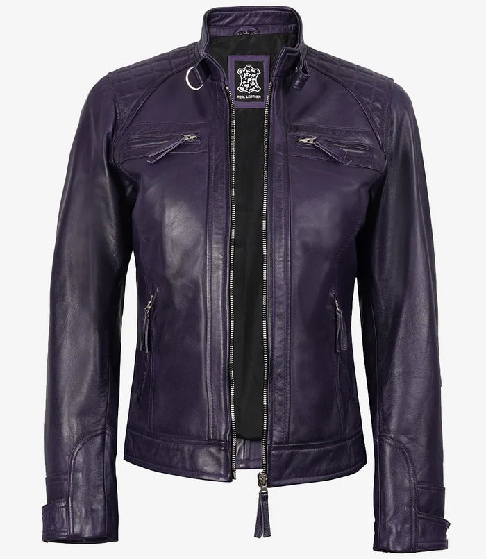 Johnson Women's Purple Quilted Cafe Racer Style Leather Jacket