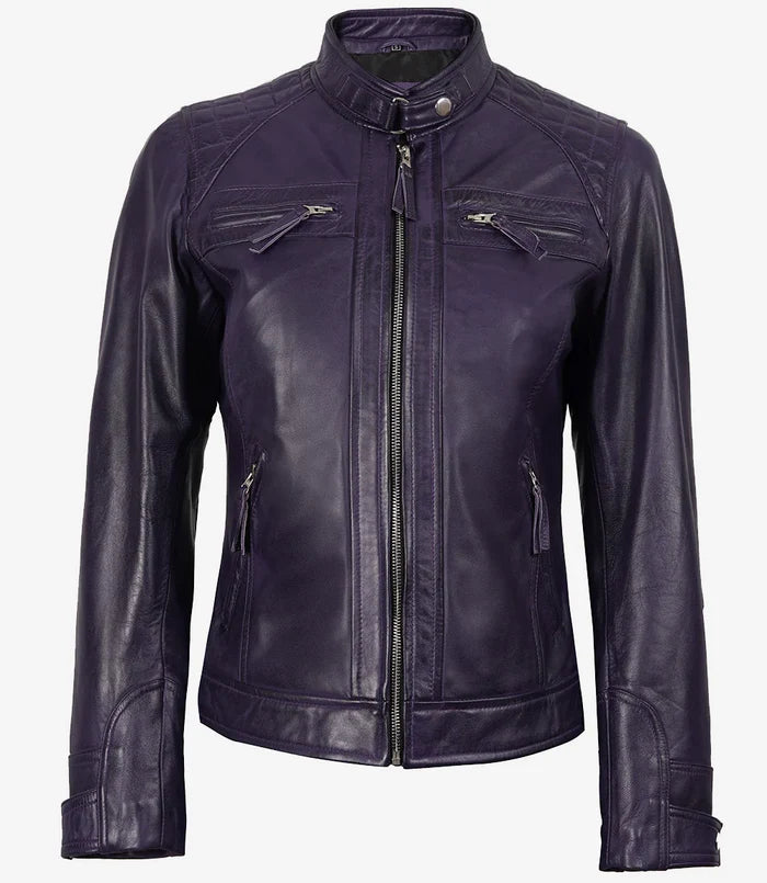 Johnson Women's Purple Quilted Cafe Racer Style Leather Jacket