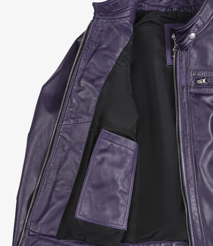 Johnson Women's Purple Quilted Cafe Racer Style Leather Jacket