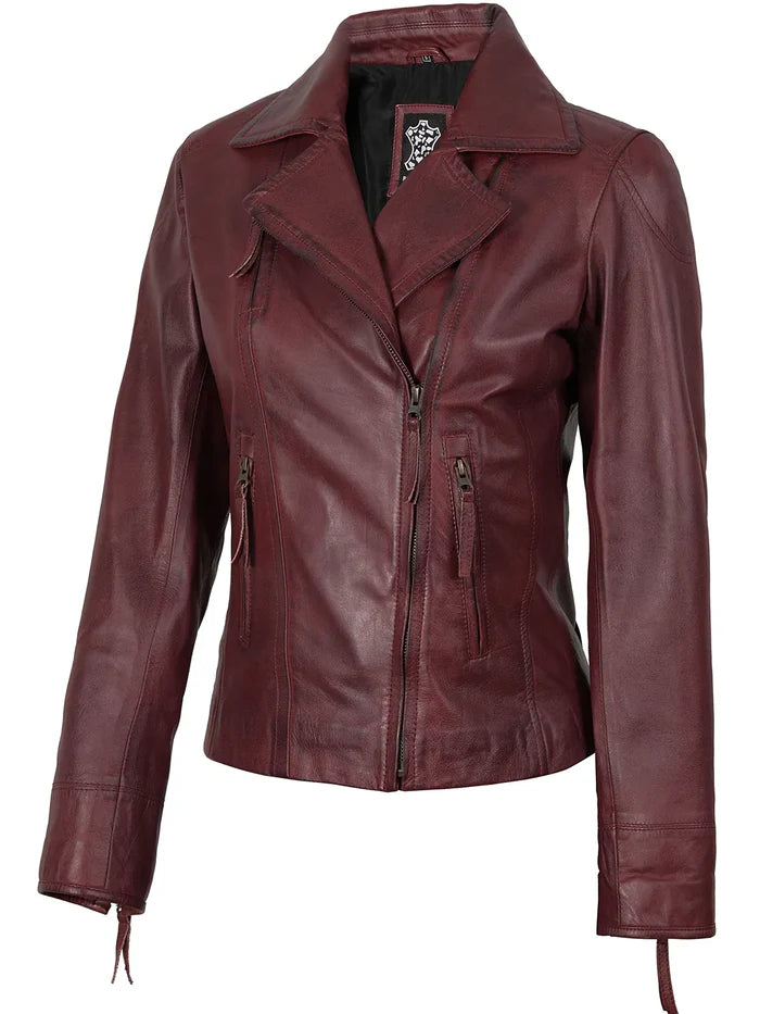 Ramsey Women's Burgundy Asymmetrical Leather Biker Style Jacket