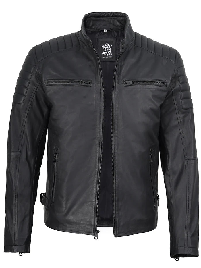 Mens Matte Black Biker Style Real Leather Jacket