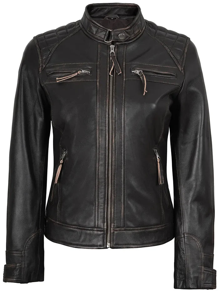 Diamond Women Rub  Leather Jacket