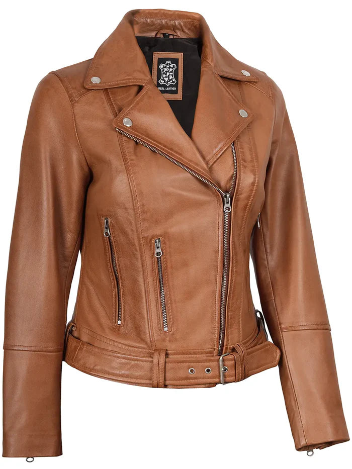 Elisa Womens Tan Biker Style Leather Jacket