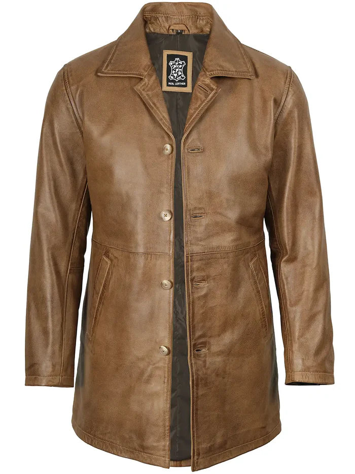 Winchester Men's Camel Brown 3/4 Length Leather Car Coat