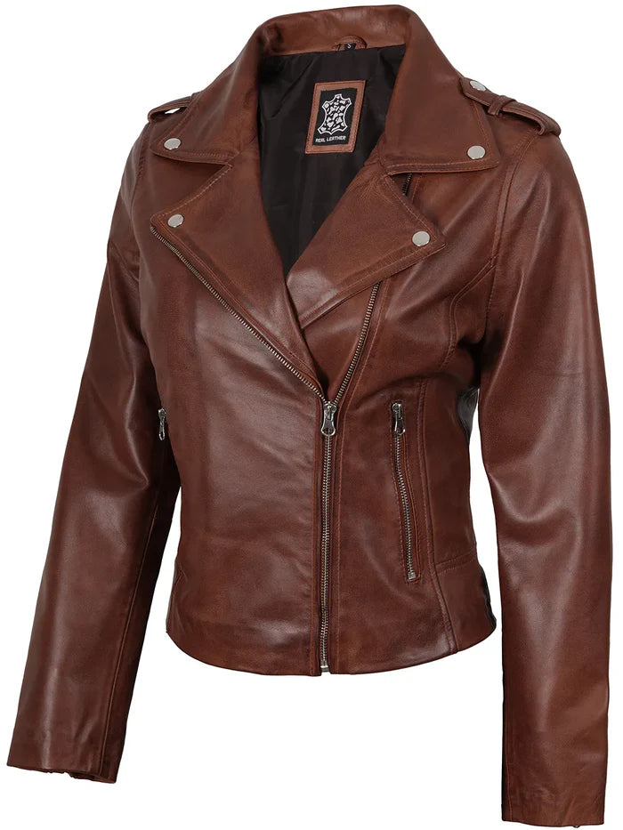 Women Asymmetrical Cognac Wax Biker Style Leather Jacket