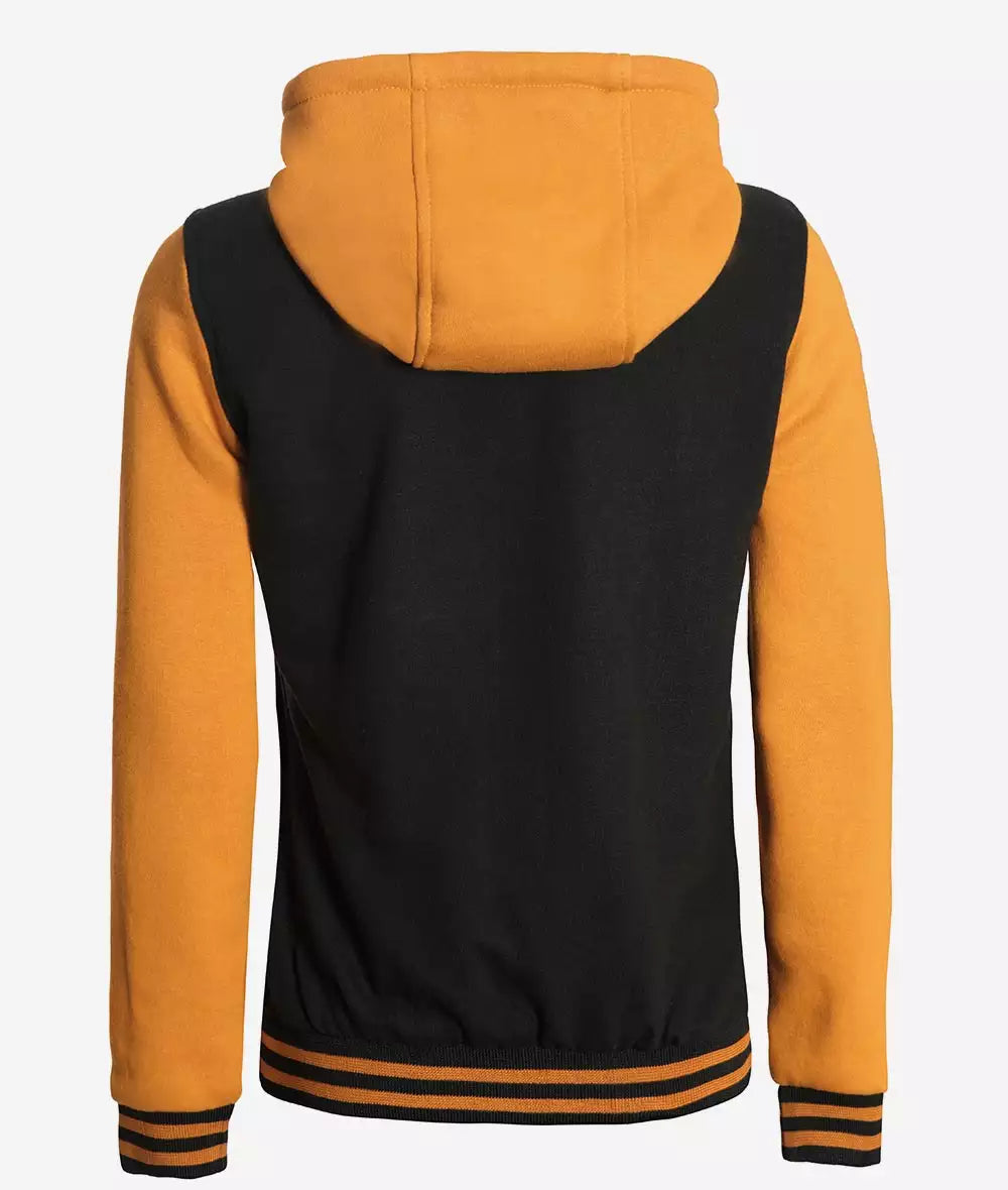 Women’s Black and Yellow Varsity Jacket – Hooded Letterman Bomber