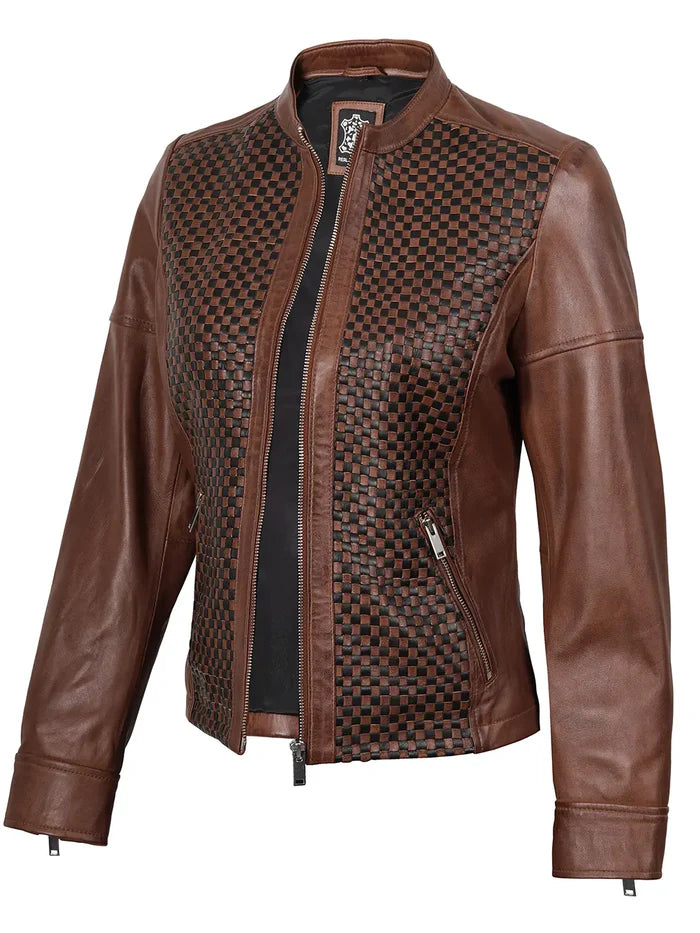 Women Brown Textured Cafe Racer Leather Jacket