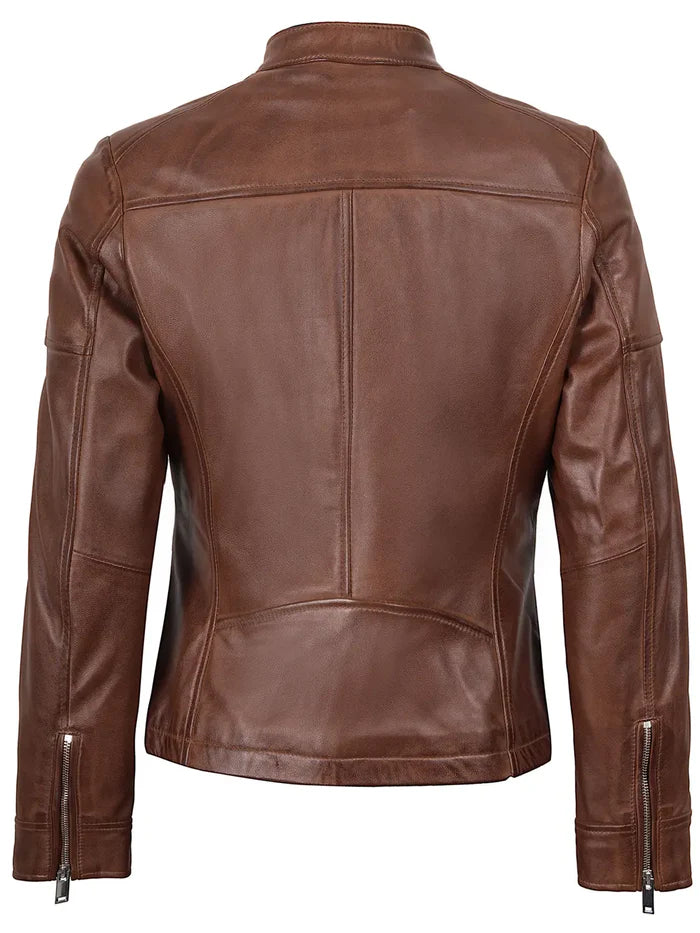 Women Brown Textured Cafe Racer Leather Jacket