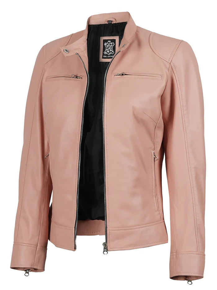Dodge Women Light Pink Biker Style Leather Jacket