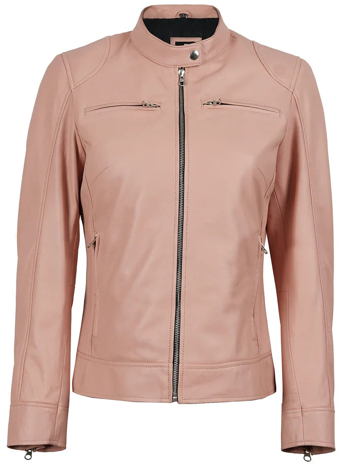 Dodge Women Light Pink Biker Style Leather Jacket