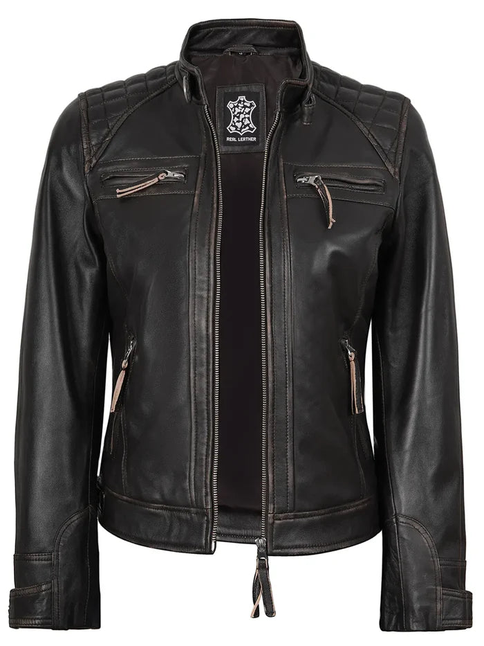 Diamond Women Rub  Leather Jacket