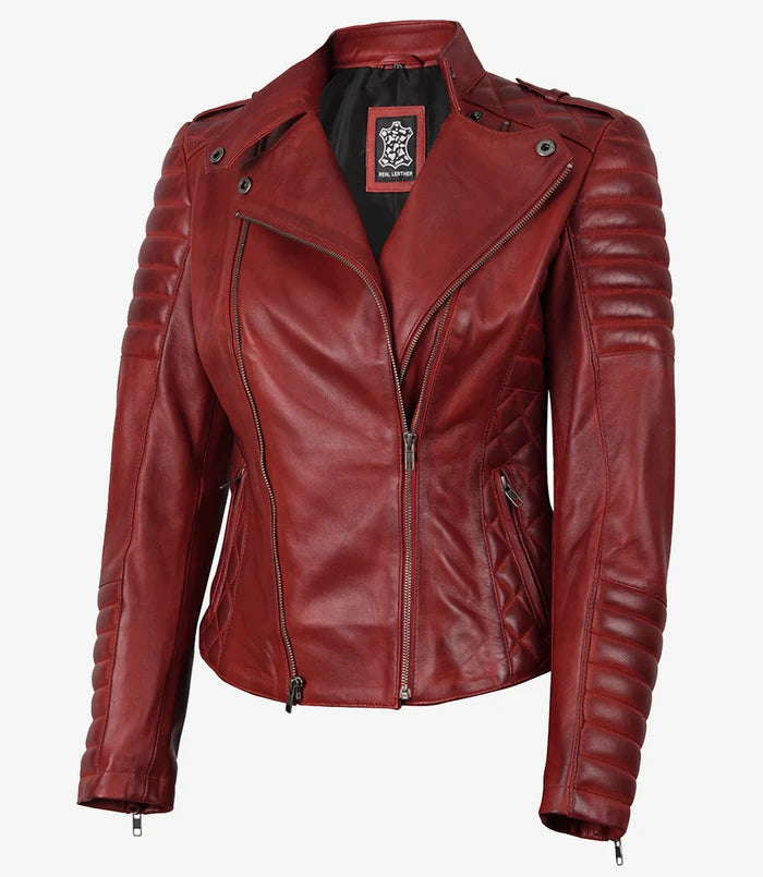 Women's Biker Style Quilted Red Leather Jacket Asymmetrical