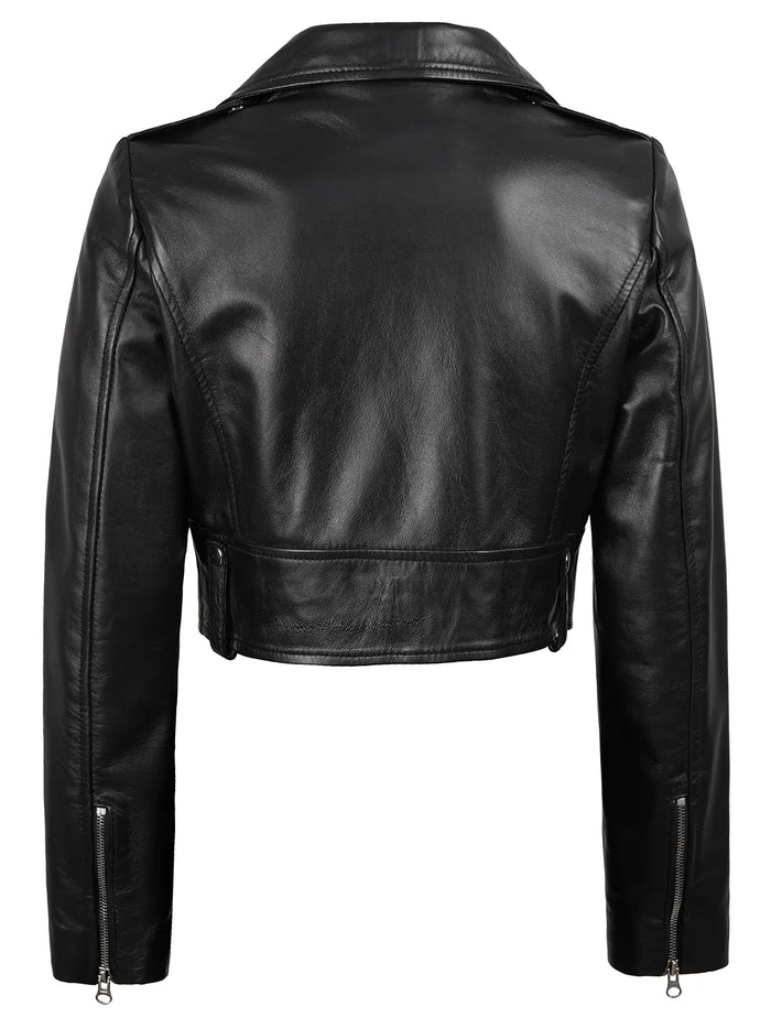 Colleen Women’s Cropped Black Biker Style Leather Jacket