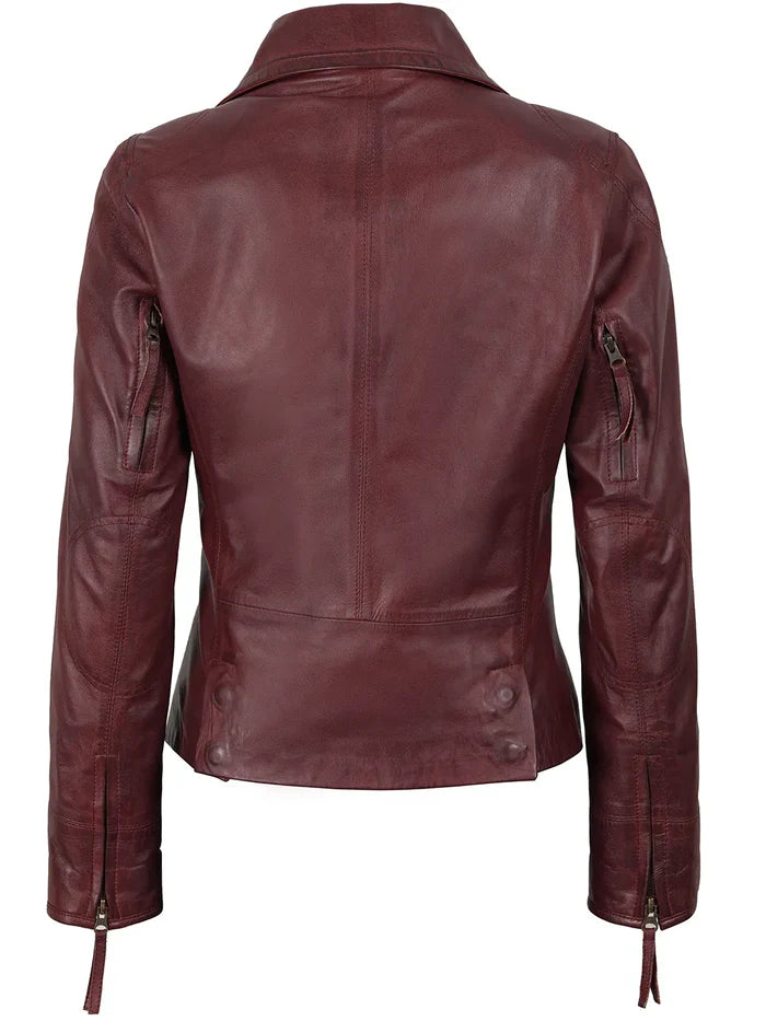 Ramsey Women's Burgundy Asymmetrical Leather Biker Style Jacket