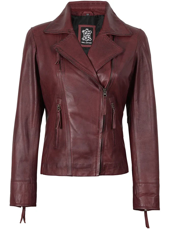Ramsey Women's Burgundy Asymmetrical Leather Biker Style Jacket