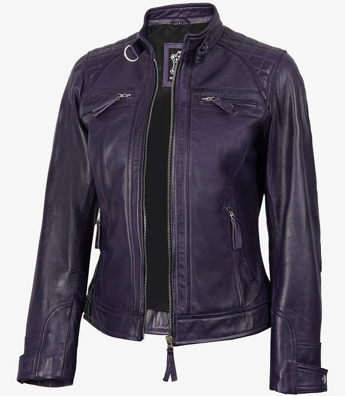 Johnson Women's Purple Quilted Cafe Racer Style Leather Jacket