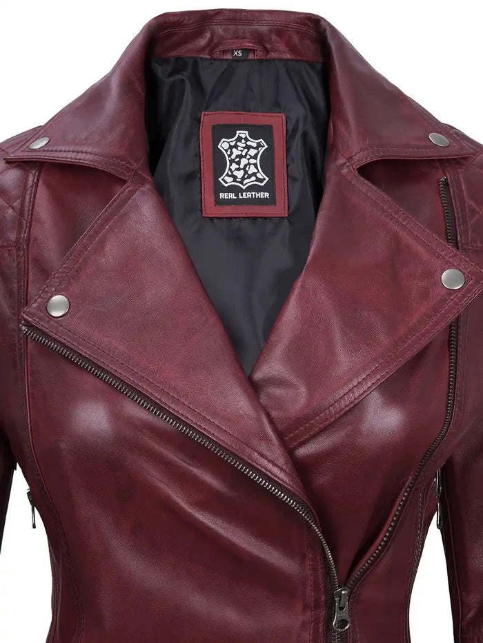 Kimberley Women's Asymmetrical Burgundy Quilted Biker Style Leather Jacket